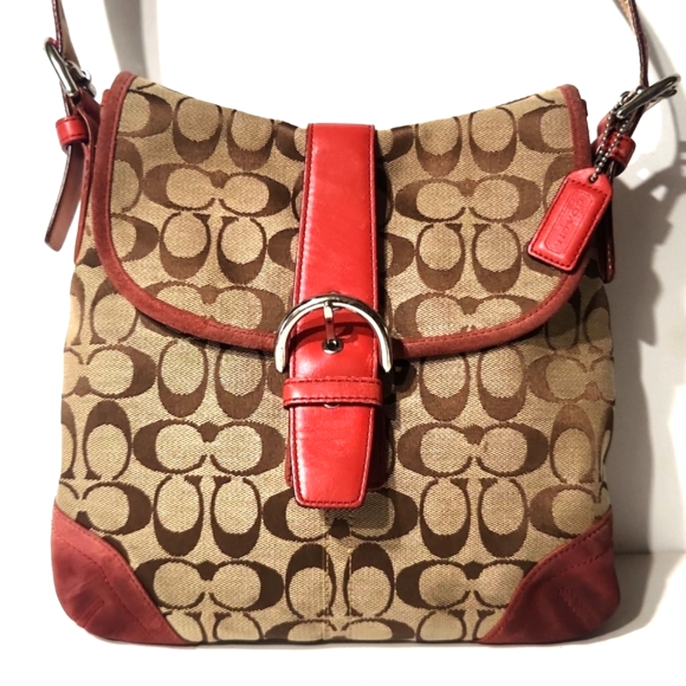 Coach Canvas Suede Signature C Red Crossbody Shoulder Bag - Picture 7 of 13